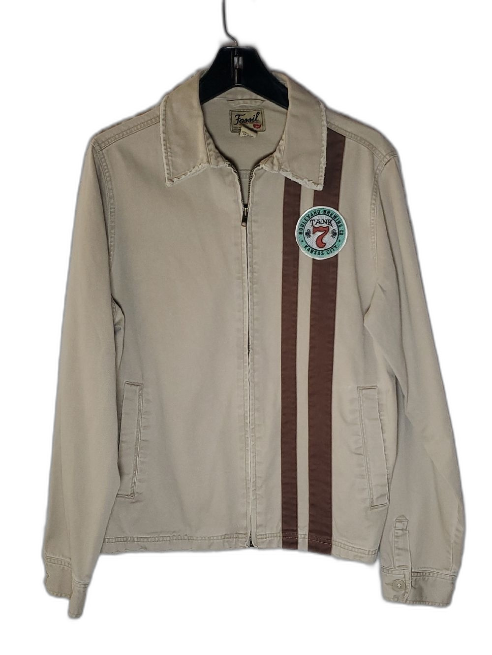 Fossil Men's Cream Zip Jacket with Brown Racing Stripes Size L